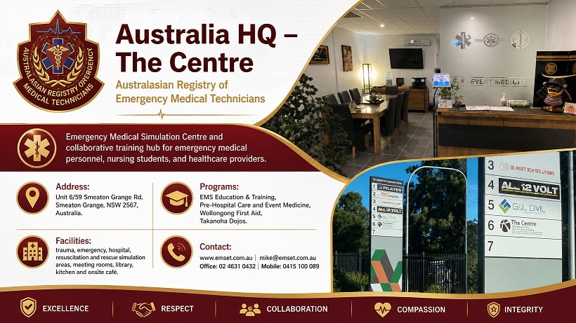 AREMT Australia HQ — The Centre, Unit 6/59 Smeaton Grange Rd NSW 2567. Emergency Medical Simulation Centre and collaborative training hub.