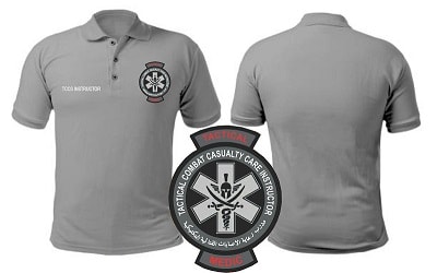 TCCC Instructor Polo Shirt — front and back views with Tactical Combat Casualty Care Instructor emblem